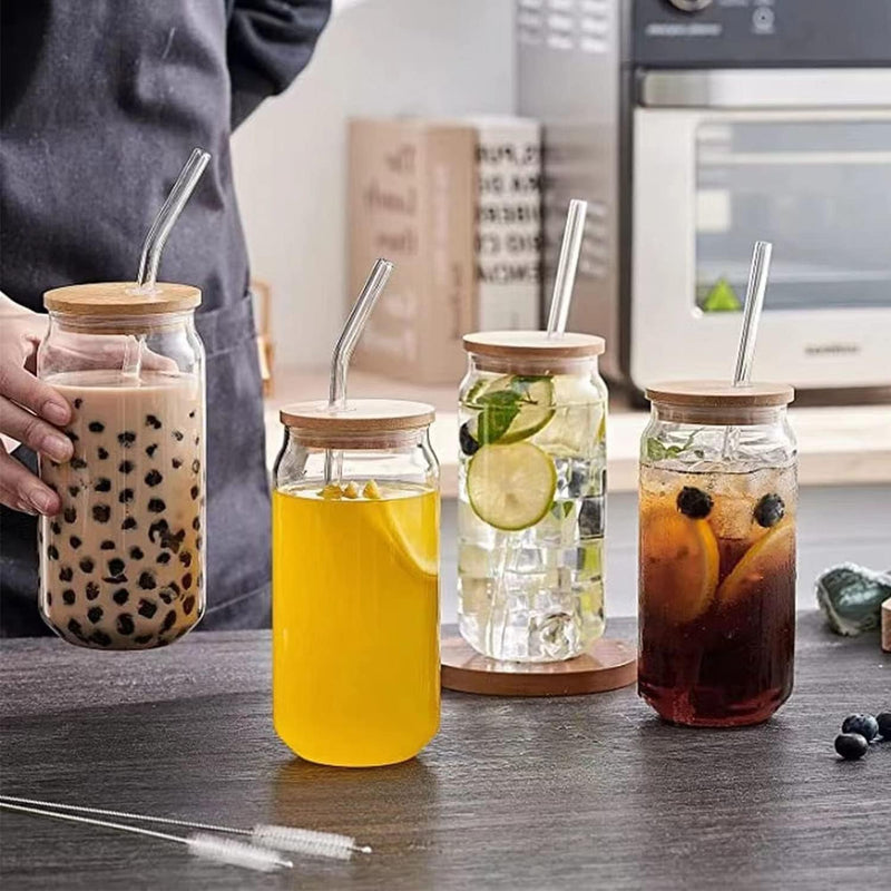 TAPIT Drinking Glasses with Bamboo Lids and Glass Straw, 13.5oz/17oz Beer Can Shaped Glass Cups, Tumbler Cup Ideal For Beer, Tea, Soda, Iced Coffee Include 2 Cleaning Brushes (2pcs,400ml*2)