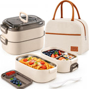 Lunch Box for Adults - Stainless Steel Bento Box with Insulated Bag & Built-in Spork, Leakproof Food Container Set (700ml+400ml) for Office, Camping,Back to School, - Square-Shaped Beige