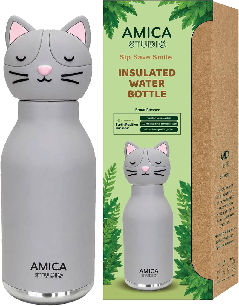 Kids Water Bottle 460ml Insulated Stainless Steel - AMICA STUDIO (Cleo Cat)