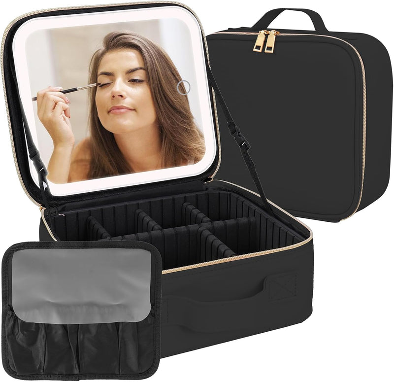 Makeup bag with LED mirror, Travel Makeup Bag 3 Adjustable Brightness LED makeup bag with mirror and Dividers suitable for your Jewelry, Essential oil,Toiletries storage and makeup daily Pink - Black