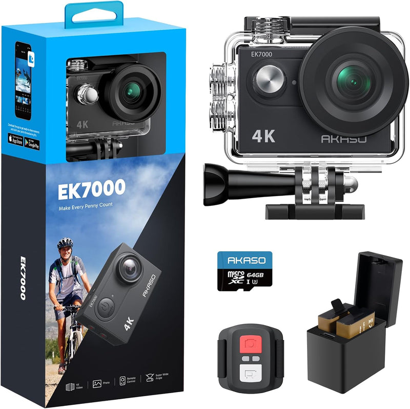 AKASO EK7000 4K30FPS 20MP WiFi Action Camera with EIS 4X Zoom Ultra HD 131FT Waterproof Underwater Camera with 170 Degree Wide Angle Remote Control Support External Microphone Black - 64 GB
