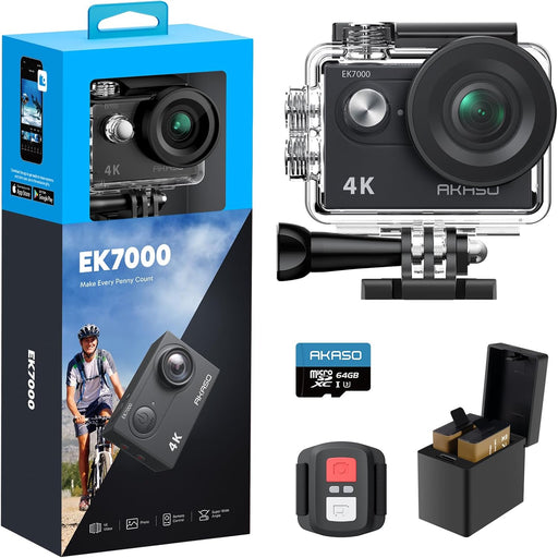 AKASO EK7000 4K30FPS 20MP WiFi Action Camera with EIS 4X Zoom Ultra HD 131FT Waterproof Underwater Camera with 170 Degree Wide Angle Remote Control Support External Microphone Black - 64 GB