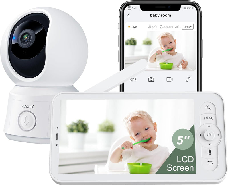 ARENTI Baby Monitor with Camera and Sound, 12.7cm Smart Baby Camera Monitor with Free Phone App, 1080P, VOX, PTZ, One-Touch Connection, Temperature Sensor, Lullaby,
