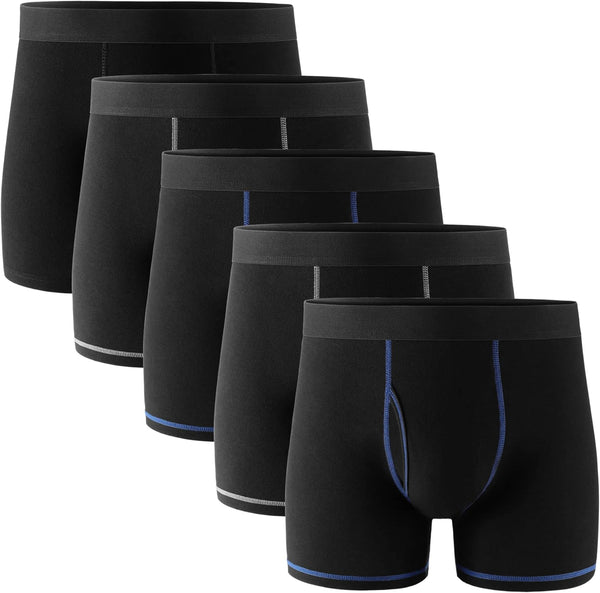 Mens Underwear Cotton Boxer Briefs with Fly 5 Pack - Black/Vitality Black