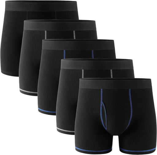Mens Underwear Cotton Boxer Briefs with Fly 5 Pack - Black/Vitality Black