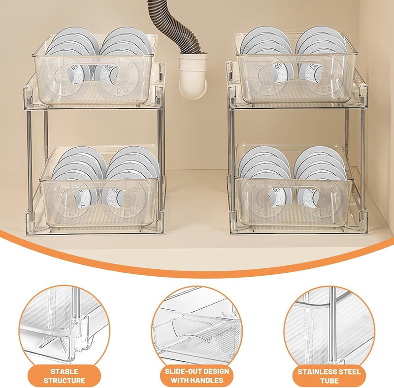 SKY-TOUCH 2 PACK Pull-Out Kitchen and Bathroom Storage Organizer, 2 Tier Clear Under Sink Organizers Vanity Counter Storage Container, Pull-Out Organization with Track for Pantry, Kitchen