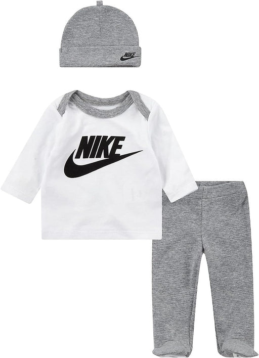 Nike Baby`s Preemie Futura Shirt, Footed Pant, and Hat 3 Piece Set (White(P6G850-042)/Grey, Newborn)