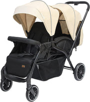 The Moon Brand Dois Tandem/Twin Stroller EasyFold Tandem Baby Trolley Double Stroller for Infant & Toddler Reclining Pushchair, Adjustable Canopy, 5Point Harness 0m+, Up to 15kg Grey - Beige