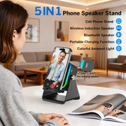 Wireless Induction Speaker 5-in-1 Bluetooth Speaker with Phone Stand,Stereo Sound, 5000mAh Rechargeable, 8 RGB Ambient Light, 360 Adjustable Holder for iPhone/Android/iPad,Gifts for Men Women