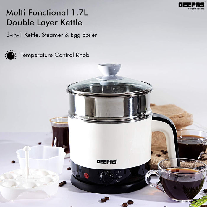 Geepas 1000W Multifunctional 1.7 L Double Layer Kettle - 3-in-1 Cordless Kettle, Steamer and Egg Boiler - Boil Dry Protection, 2 Speed Heating - Ideal for Steaming Vegetables Boiling Eggs
