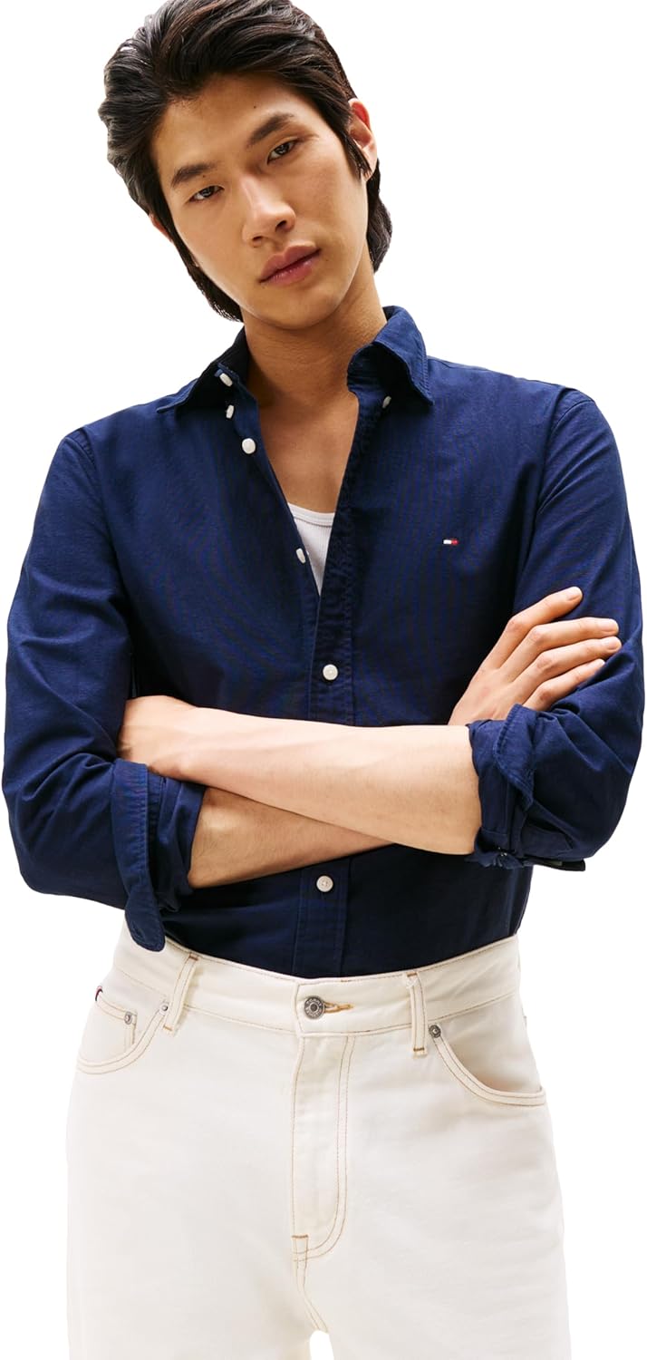 Mens Long Sleeve Oxford Shirts in Regular Fit, Men's Button Down Shirts, Also Available in Big and Tall - Preppy Navy / Desert Sky Solid