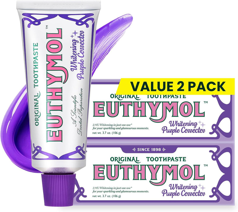 Euthymol Purple Whitening Toothpaste for Yellow & Sensitive Teeth Violet Tone-Up Formula, Instantly Brightens, 24H Stain Defense, Long-Lasting Fresh Breath (Pack of 2) - 3.7 Ounce (Pack of 2)