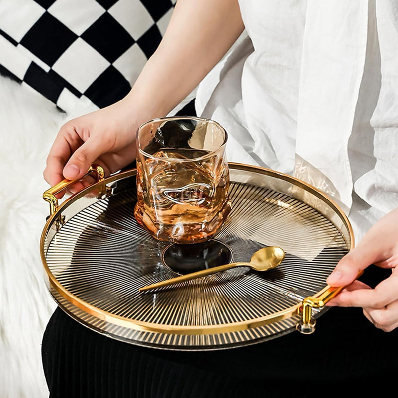 Serving Trays with Handles Home Decorative Coffee Table Round Tray Acrylic Food Tray Fruit Tray Bar Tray Perfume Tray Cocktail Tray Gold)