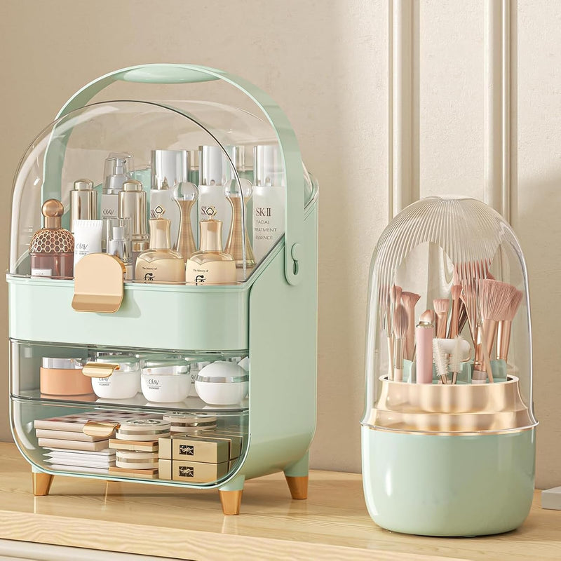U-HOOME Makeup Organizer Skincare Organizers,Cosmetic Storage with Three Tier Storage Box and Brush Storage Box Cosmetic Display Cases for Bathroom Countertop,Bedroom Vanity Desk and Travel (White)