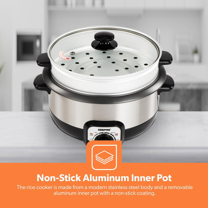 Geepas GRC4333 Multifunctional Rice Cooker with Porridge Function, Large capacity of 3.0L and is ideal for preparing meals for the entire family|2-year warranty.
