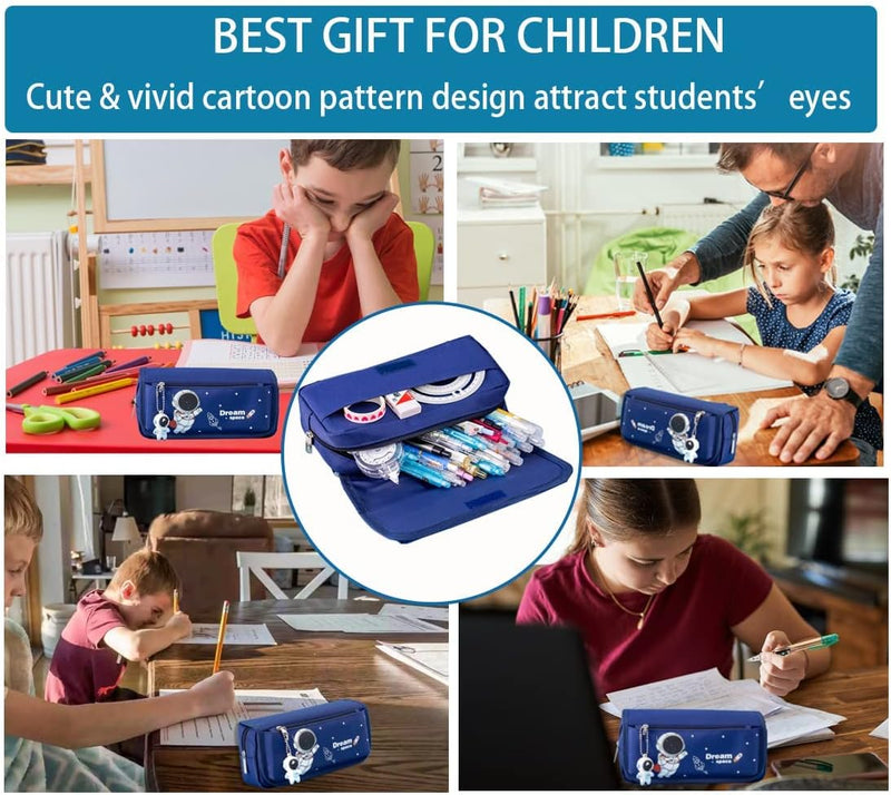 Pencil Case for Boys, Cartoon Pencil Pouch 4 Layers Large-Capacity Pen Case for Student Blue Pencil box with Astronaut Pendant