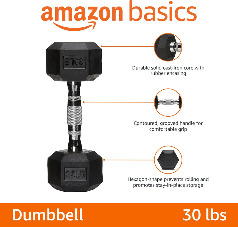 Amazon Basics Rubber Encased Exercise & Fitness Hex Dumbbell, Hand Weight for Strength Training, 30 lbs, Black
