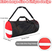 Mesh Dive Duffel Bag, Extra Large Sport Beach Bags with Adjustable Shoulder Strap, Totes and Zipper for Gym Gear, Sports Balls, Scuba Gear, Snorkeling, Diving, Rafting, and Water Sports, Black - Red and White