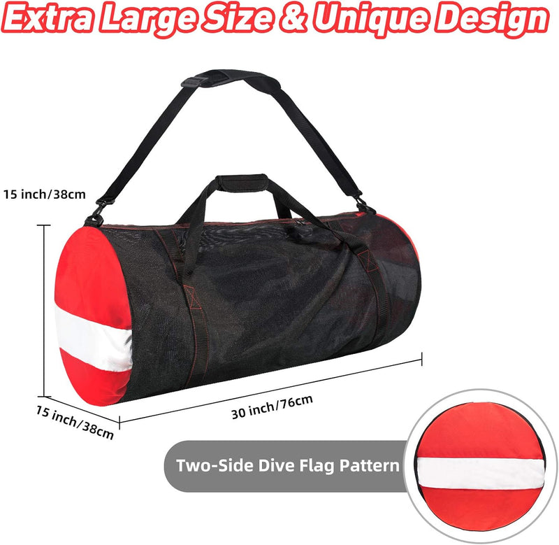 Mesh Dive Duffel Bag, Extra Large Sport Beach Bags with Adjustable Shoulder Strap, Totes and Zipper for Gym Gear, Sports Balls, Scuba Gear, Snorkeling, Diving, Rafting, and Water Sports, Black - Red and White