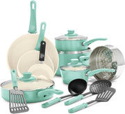 GreenLife Soft Grip Healthy Ceramic Nonstick, Cookware Pots and Pans Set, 16 Piece, Turquoise - 16 Piece Cookware Set Turquoise