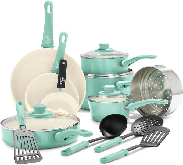 GreenLife Soft Grip Healthy Ceramic Nonstick, Cookware Pots and Pans Set, 16 Piece, Turquoise - 16 Piece Cookware Set Turquoise