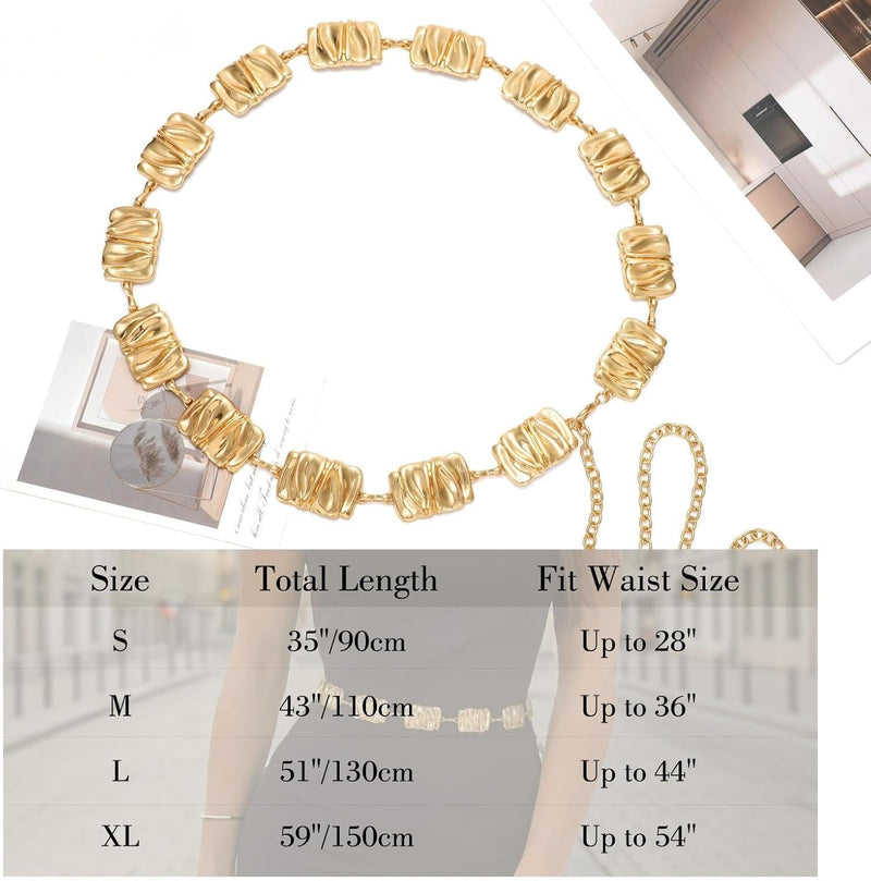 Trendy Metal Waist Chain Belt for Women, Adjustable Body Link Chain Belt, Chic Fashion Accessory for Jeans, Dresses, Casual, Party Outfits, 105CM, Gold