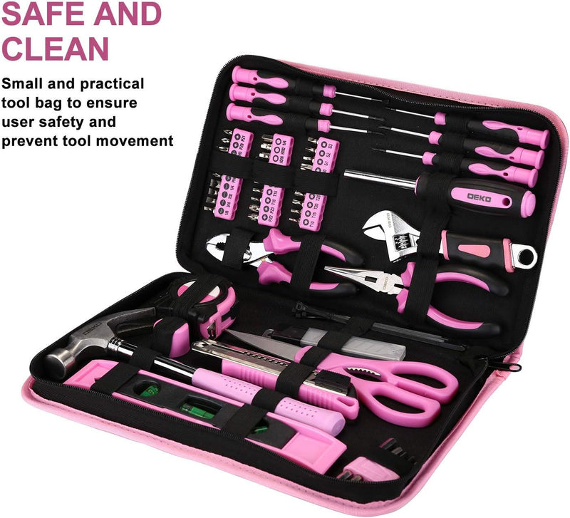 DEKO Pink Tool Set 110 Piece Household Tool Kit,Ladies Portable Tool Set with Easy Carrying Pouch, Perfect for DIY Projects, Home Maintenance