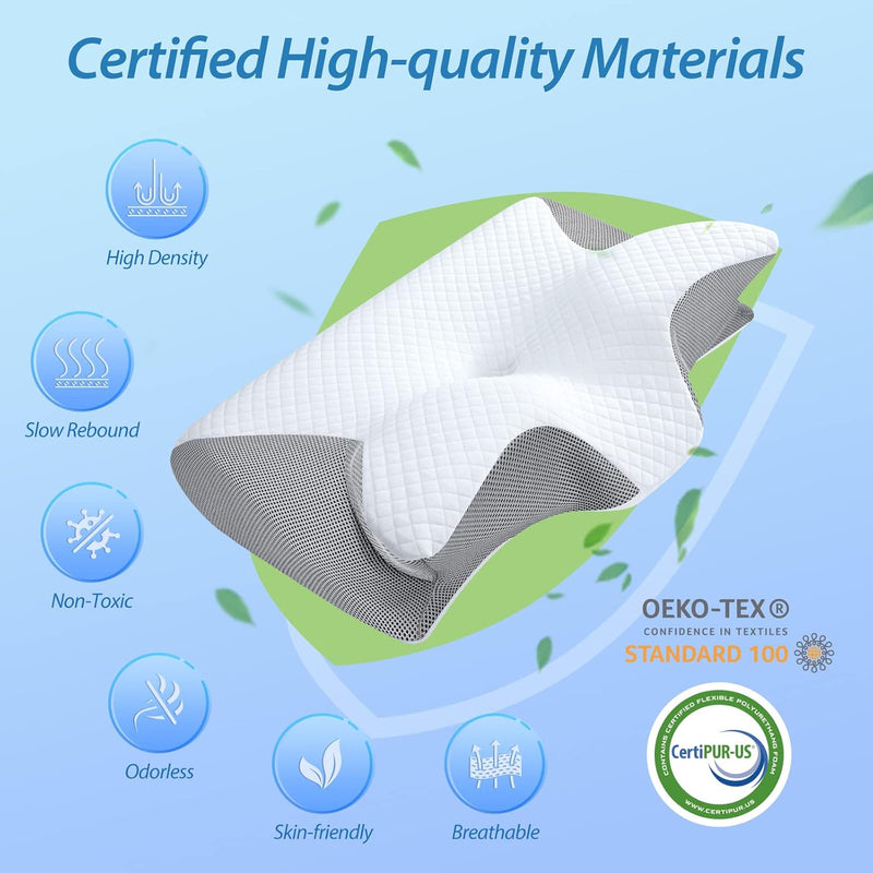 HOMCA Memory Foam Cervical Pillow, 2 in 1 Ergonomic Contour Orthopedic Pillow for Neck Pain, Contoured Support Pillows for Side Back Stomach Sleepers