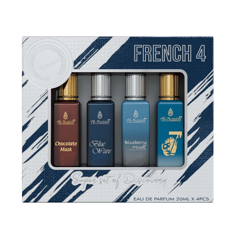 Al Nuaim French 4 EDP Gift Set For Unisex (4 X 20ml) Chocolate Musk, Blueberry Musk, Blue Wave 07, Long Lasting Liquid Fragrance (Pack Of 4)
