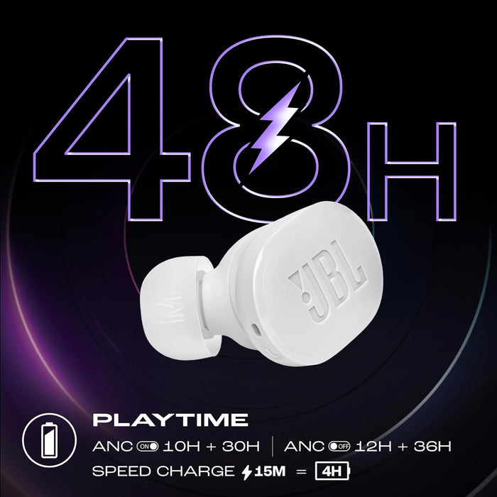 JBL Tune Buds True Wireless Noise Cancellling Earbuds, Pure Bass Sound, Bluetooth 5.3, LE Audio Support, Smart Ambient, 4-Mic Technology, 48H Battery, Water and Dust Resistant - White, JBLTBUDSWHT