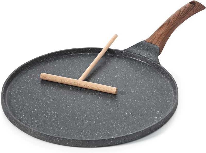 Nonstick Crepe Pan, Swiss Granite Coating Dosa Pan Pancake Flat Skillet Tawa Griddle 26-CM with Spreader, Induction Compatible, PFOA Free(Grey) - Gray 10 Inch