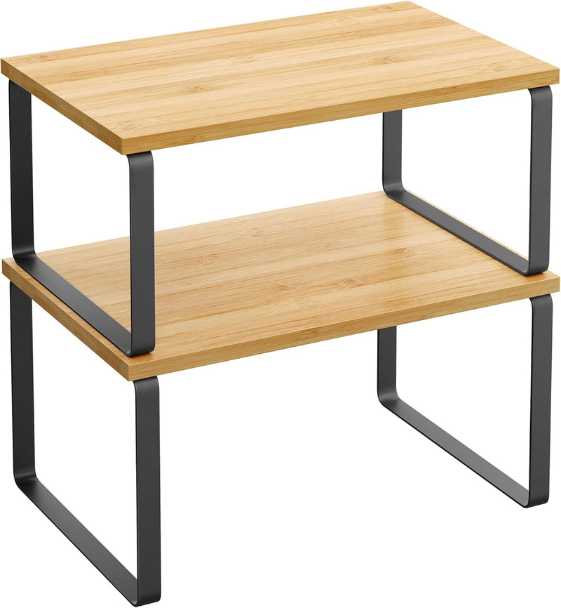 SONGMICS Cabinet Organizer Shelf, Set of 2 Kitchen Counter Shelves, Stackable, Expandable, Metal and Engineered Wood, Black and Natural UKCS02NB - 29.7 cm W Black + Natural