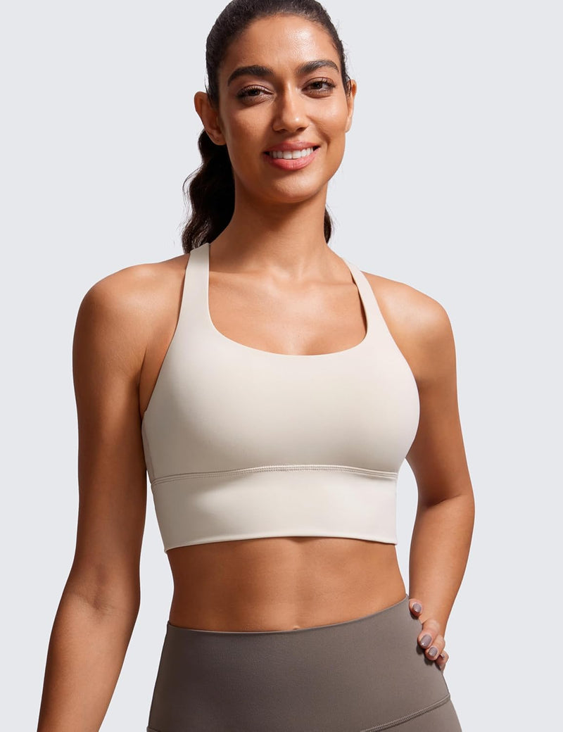 CRZ YOGA Womens Strappy Longline Sports Bra - Medium Impact Criss Cross Yoga Padded Bras Workout Crop Top