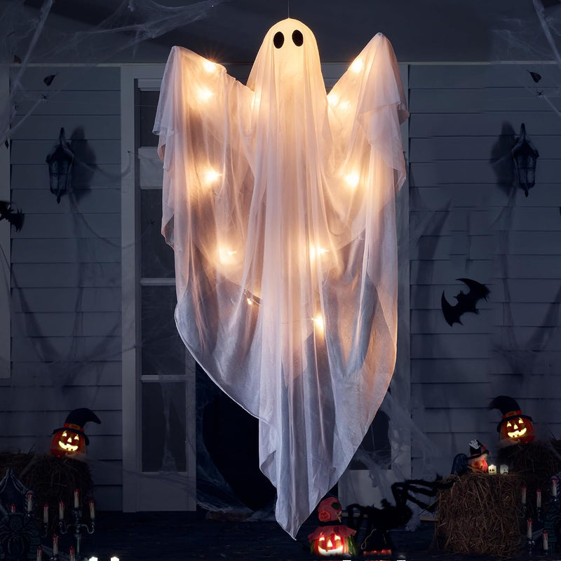 Halloween Hanging Light up Ghost with Spooky White LED Light, 47 White Hanging Ghosts, Best Halloween Hanging Decoration for Front Yard Patio Lawn Garden Party Decor Indoor Outdoor - White