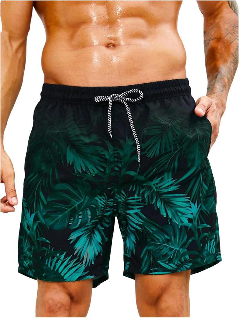 GORGLITTER Men's Drawstring Elastic Waist Tropical Print Swim Trunks Slant Pocket Summer Shorts