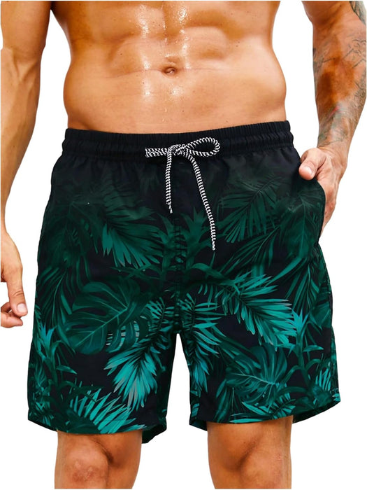 GORGLITTER Men's Drawstring Elastic Waist Tropical Print Swim Trunks Slant Pocket Summer Shorts