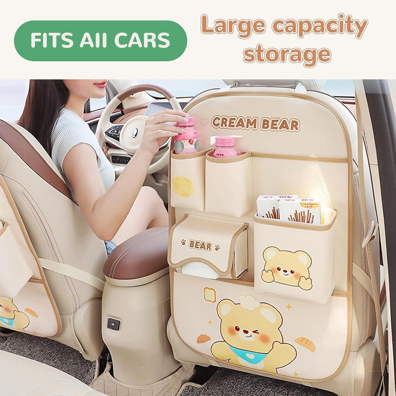 Backseat Car Organizer with Waterproof Built-in Bucket, 7 Storage Pockets, Back Seat Protector and Travel Accessories for Kids