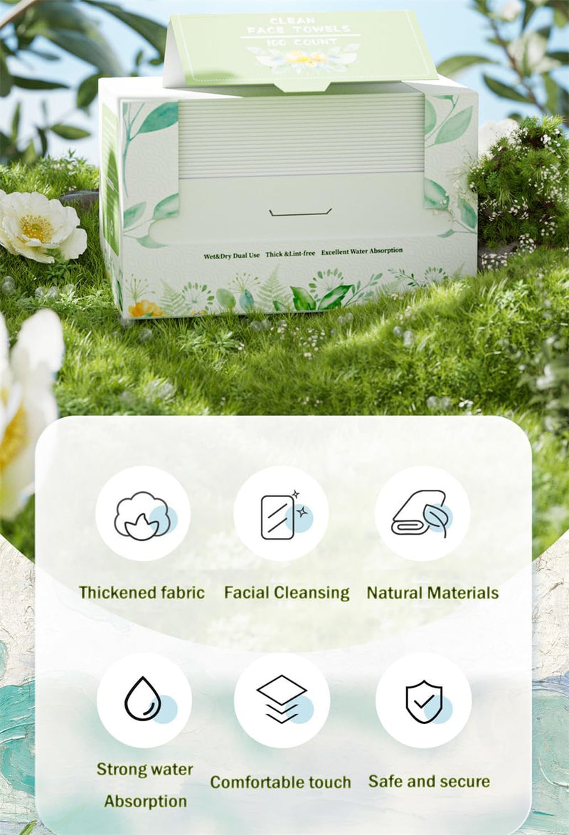 100 PCS AZONEE Premium Disposable Face Towels, Extra Large 7.8" x 7.8", Lint Free, Super Soft, 100% Biodegradable, Chemical & Fragrance Free,