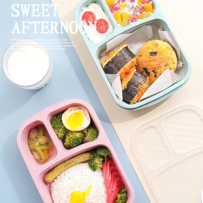 8 Pcs Bento Lunch Box, 3 Compartment Meal Prep Container for Adults/Kids, Straw Wheat Fiber Lunch Container for Microwave and Dishwasher Safe, Reusable Snack Container for Work, School, Travel