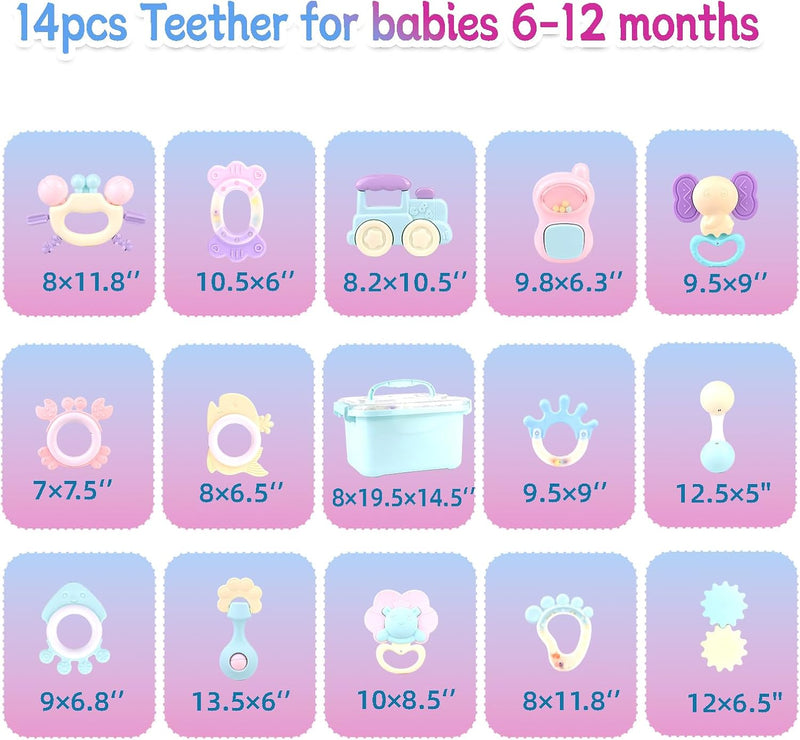 Baby Teether Toy Rattle for Baby Toys 0-12 Months Plus with Storage Box -14 Pcs BPA Free Soft Silicone Teething Toys Newborn Baby Sensory Toys Gifts 3 6 9 12 Months for Early Educational (14Pcs)