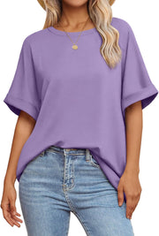 Womens Oversized T Shirts Loose Fit Crewneck Short Sleeve Summer Casual Blouse 2024 Y2K Tee Tops - Lavender