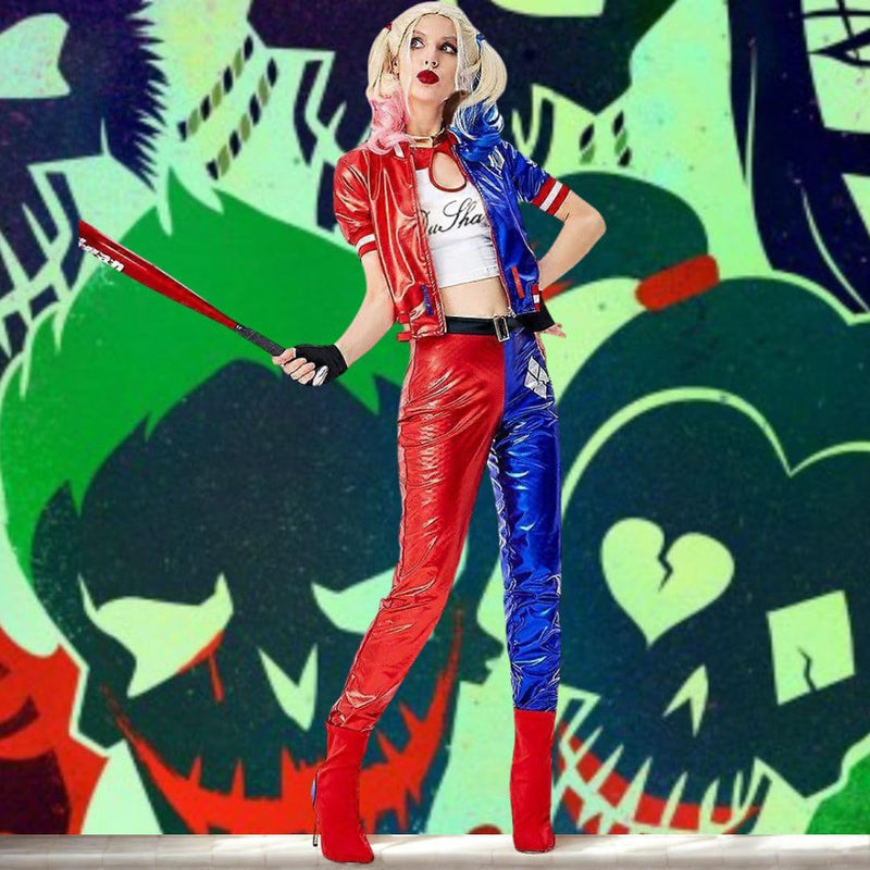 WP Wanna Party Halloween Costume for Women-Harley Quinn Costume Red & Blue Costume with Jacket, Pants and Sleevless Tees - Size - L for Halloween Costume for Adults
