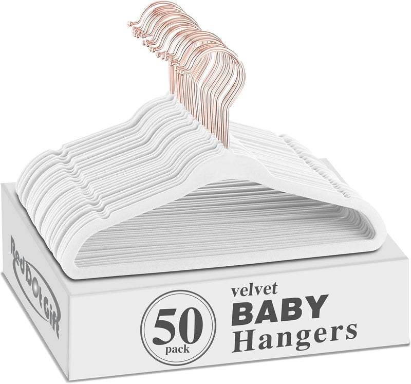 Red Dot Gift® 50 Pack Baby Velvet Hangers 11Inch/28cm - Nursery Clothes Hangers Non Slip Toddler Hangers, 360 Chrome Swivel Hook (White, 50)
