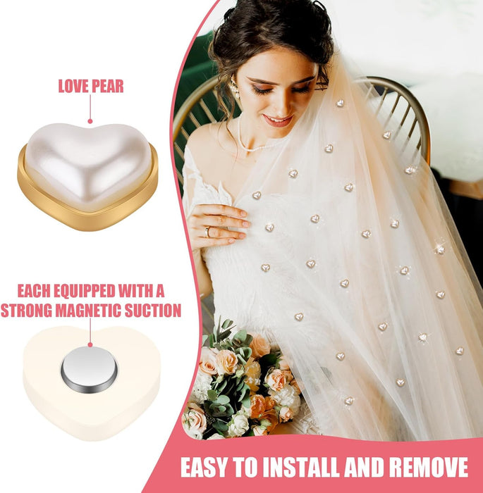 NALACAL 24pcs Veil Weights Wedding Magnetic Pearl, Double Sided Artificial Pearls Hijab Magnets, Heart Pearl Weights for bridal Women Girls, Clothing Scarves Dress Fabric Pins Decoration Elegant Veil
