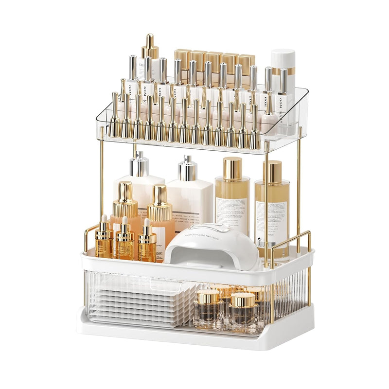 Makeup Organizer For Vanity, Drawer Skincare Organizer With Compartment, 2 Tier Large Bathroom Counter Organizer, Multi-purpose Makeup Organizer Countertop Exquisite, White Clear