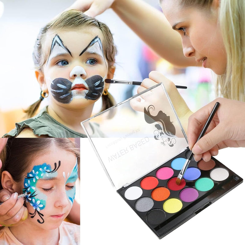 Mumoo Bear Face Paint Kit, 15 Color Painting Palette with 2 Brushes 32 Stencils, Washable Paints Safe Body for Adults Kids Halloween Party Carnival, Makeup Non-Toxic to Use