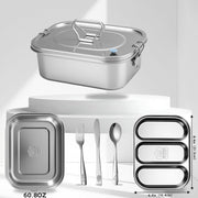 Stainless Steel Bento Box with Leak-Proof Lid and 3-Grid Divider, 1800ml Large Lunch Container with Utensils, Double Layer Metal Food Box for Adults, Kids, Office, Picnic, Camping, Meal Prep (Silver)