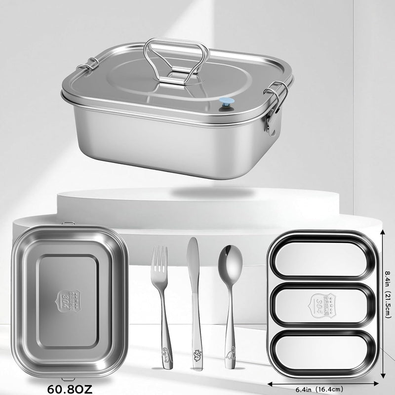 Stainless Steel Bento Box with Leak-Proof Lid and 3-Grid Divider, 1800ml Large Lunch Container with Utensils, Double Layer Metal Food Box for Adults, Kids, Office, Picnic, Camping, Meal Prep (Silver)