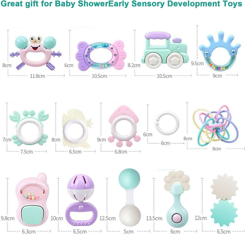 Baby Teether Toy Rattle for Baby Toys 0-12 Months Plus with Storage Box -14 Pcs BPA Free Soft Silicone Teething Toys Newborn Baby Sensory Toys Gifts 3 6 9 12 Months for Early Educational (14Pcs)