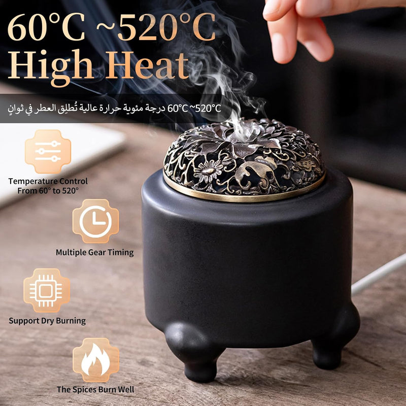 ARCHAEOPTERYX Stoneware Electric Incense Burner & Aroma Diffuser with Adjustable Temperature/Timer Control, for Resin/Frankincense Burner, Fit for Home Decor, Meditation(Black)